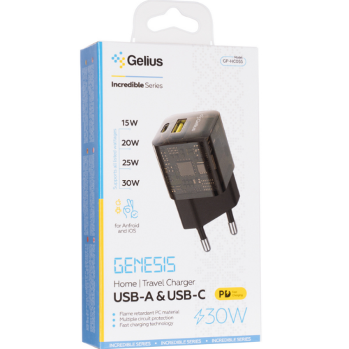 Сетевое зарядное устройство Gelius Genesis GP-HC055 USB+Type-C 30W GaN (Incredible series) Transparent Black